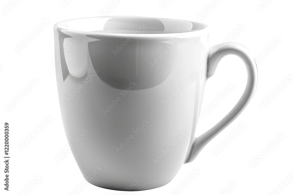 A simple white ceramic mug with a curved handle, suitable for hot beverages. isolated on white background A simple white ceramic mug with a curved handle, suitable for hot beverages. isolated on white background