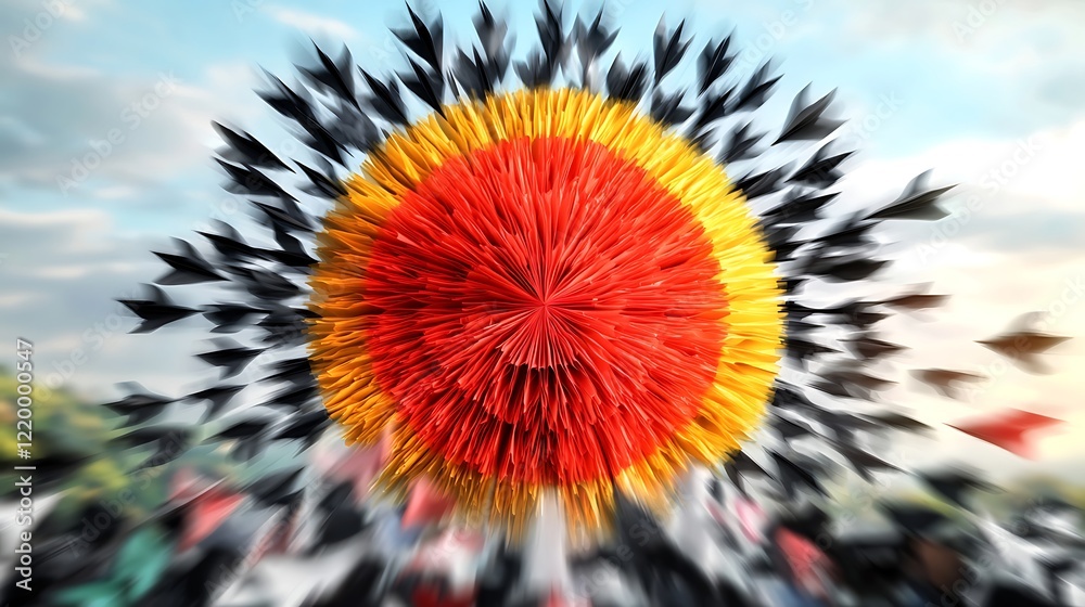 Obraz premium Colorful paper arrows converging, sunny sky, blurred crowd. Teamwork concept