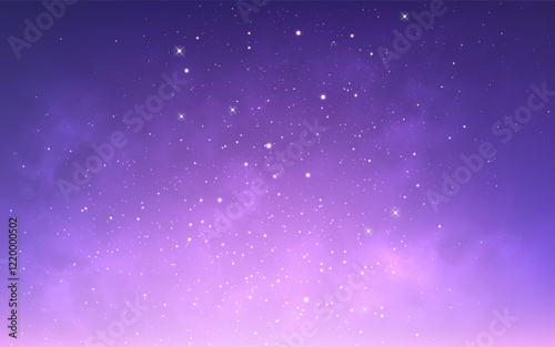 Nebula background. Purple space texture. Realistic color galaxy. Bright starry cosmos. Glowing outer space wallpaper. Magic cosmic clouds with stardust. Vector illustration.