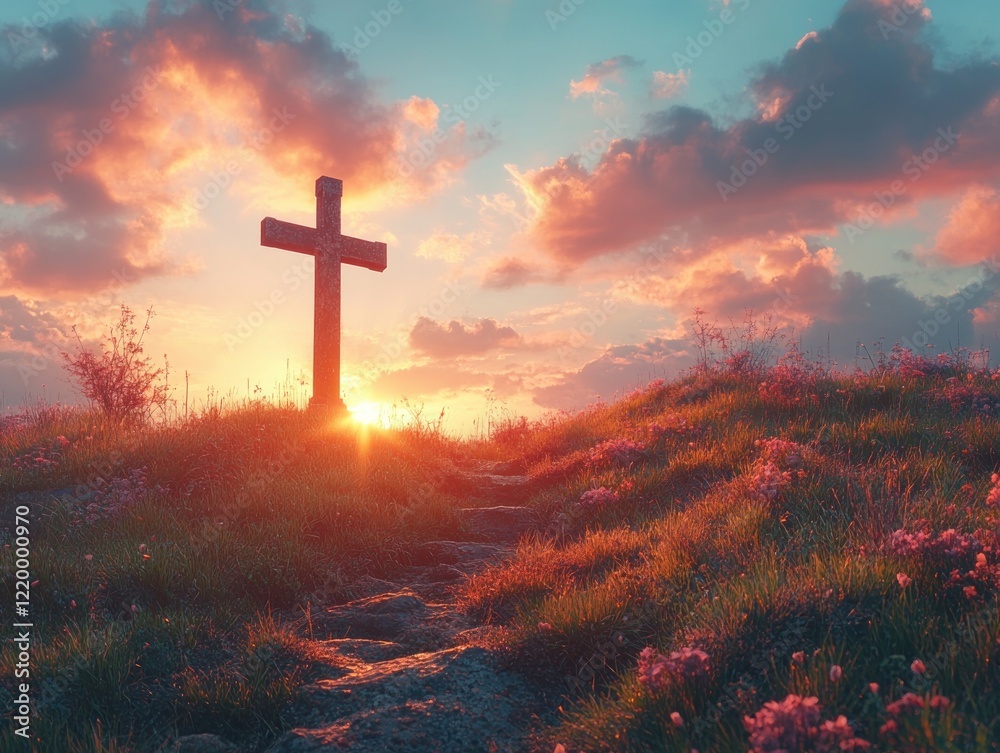 Cross Silhouette at Sunset on Hilltop in Evening Light during Holy Week Reflecting Spirituality and Calmness Cross Silhouette at Sunset on Hilltop in Evening Light during Holy Week Reflecting Spirituality and Calmness