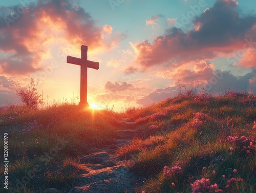 Cross Silhouette at Sunset on Hilltop in Evening Light during Holy Week Reflecting Spirituality and Calmness photo