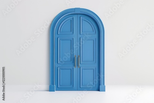 A stylish blue double door with an arched top, set against isolated on white background