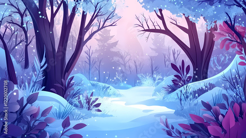 Rime-covered deciduous glade - winter wonderland. Frosted Glade. Illustration
