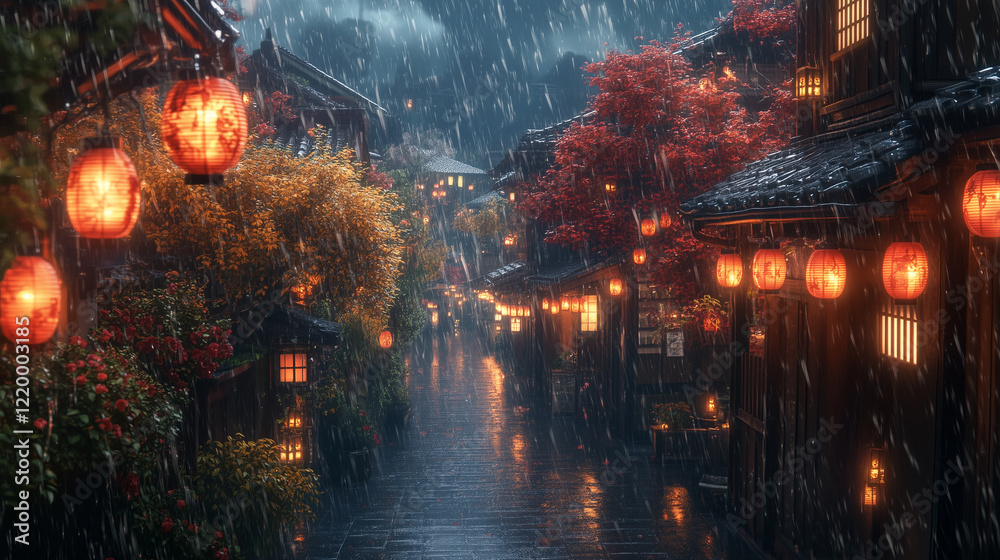 Naklejka premium Rainy Night in a Japanese Town with Glowing Lanterns