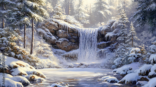 Snow-draped waterfall in forest. Frosted Glade. Illustration photo