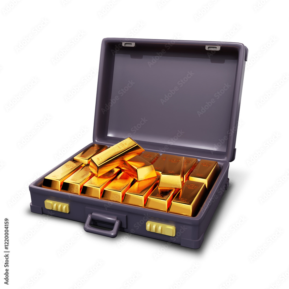 Gold bars in briefcase isolated on transparent background. 3D rendering illustration Gold bars in briefcase isolated on transparent background. 3D rendering illustration