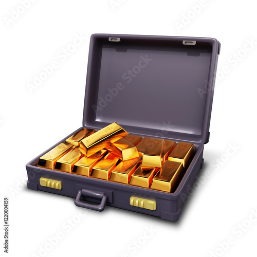 Gold bars in briefcase isolated on transparent background. 3D rendering illustration