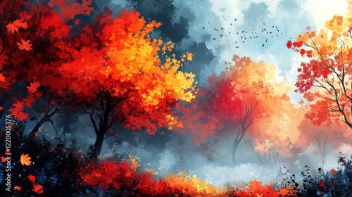Enchanting Mist: Mystical Forest in Oil Painting Style with Bold Outlines