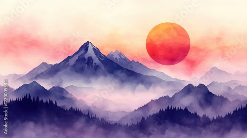 Vibrant Watercolor Sunrise: Majestic Mountain Range in Vivid Hues