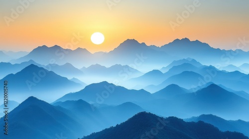 Dawn Serenity: Minimalist Design of Majestic Mountain Range with Detailed Textures at Sunrise