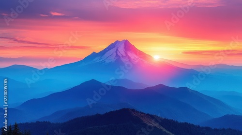 Tranquil Sunrise Over Majestic Mountain Range - Minimalist Design with Detailed Textures
