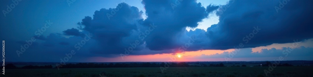 Dark blue clouds gather over a serene landscape, darkening sky, twilight Dark blue clouds gather over a serene landscape, darkening sky, twilight