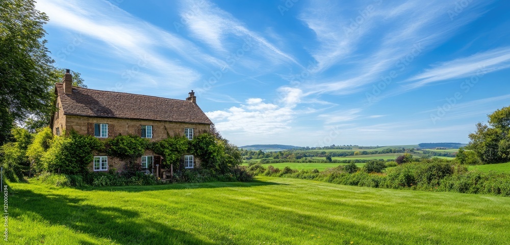 A beautiful countryside property with a charming house surrounded by lush, green grass, set against a backdrop of distant hills and clear blue skies. A beautiful countryside property with a charming house surrounded by lush, green grass, set against a backdrop of distant hills and clear blue skies.