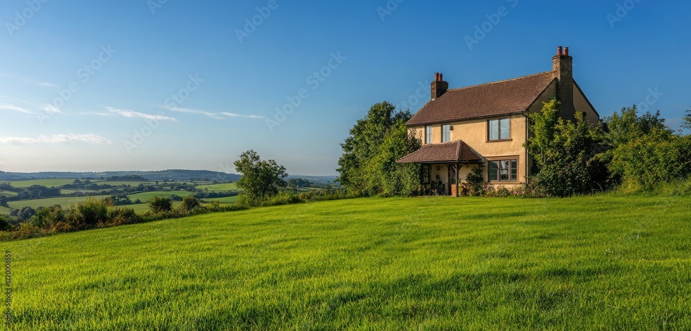 A beautiful countryside property with a charming house surrounded by lush, green grass, set against a backdrop of distant hills and clear blue skies.