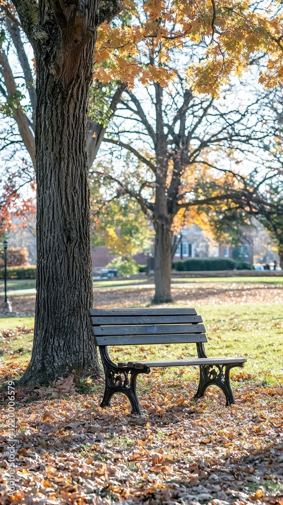 Rustic Wooden Park Bench Surrounded by Autumn Leaves Under a Large Tree Rustic Wooden Park Bench Surrounded by Autumn Leaves Under a Large Tree