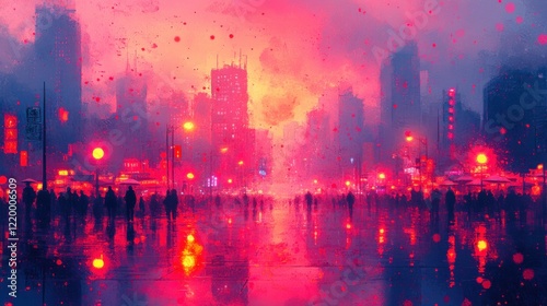 Neon Metropolis - Abstract Cyberpunk Marketplace with Soft Lighting