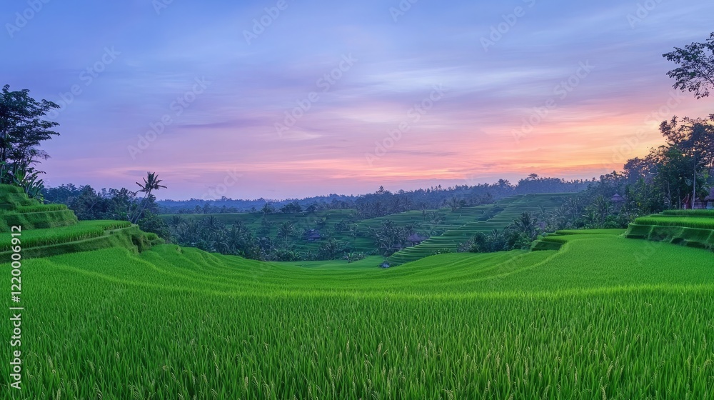 A beautiful green rice field under a warm evening sky, with gentle colors blending in the horizon, the peaceful ambiance capturing the tranquility of dusk. A beautiful green rice field under a warm evening sky, with gentle colors blending in the horizon, the peaceful ambiance capturing the tranquility of dusk.