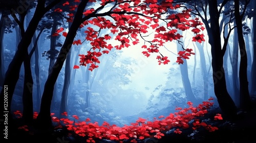 Enchanted Forest: Mystical Fog Oil Painting with Bold Outlines