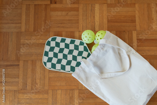pickleball paddle and balls in a canvas bag on wood floor