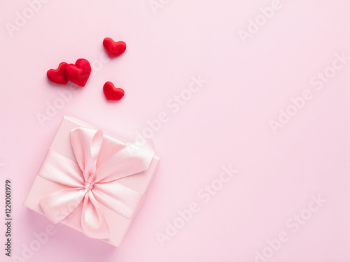 Beautifully wrapped gifts and heart-shaped decorations set against a soft pink background, perfect for Valentine's Day or any romantic celebration. photo