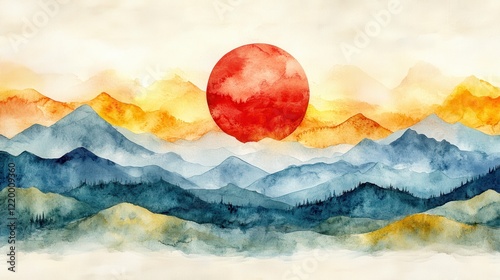 Watercolor Sunset over Serene Desert with Dramatic Sand Dunes - High Contrast Landscape Illustration