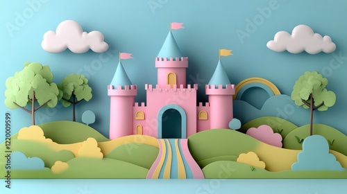Enchanting Castle in Clouds with Rainbow - Minimal Noise Cartoon Illustration
