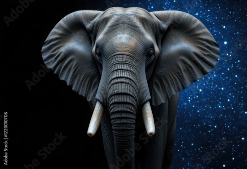 A majestic elephant with large tusks stands against a sparkling night sky