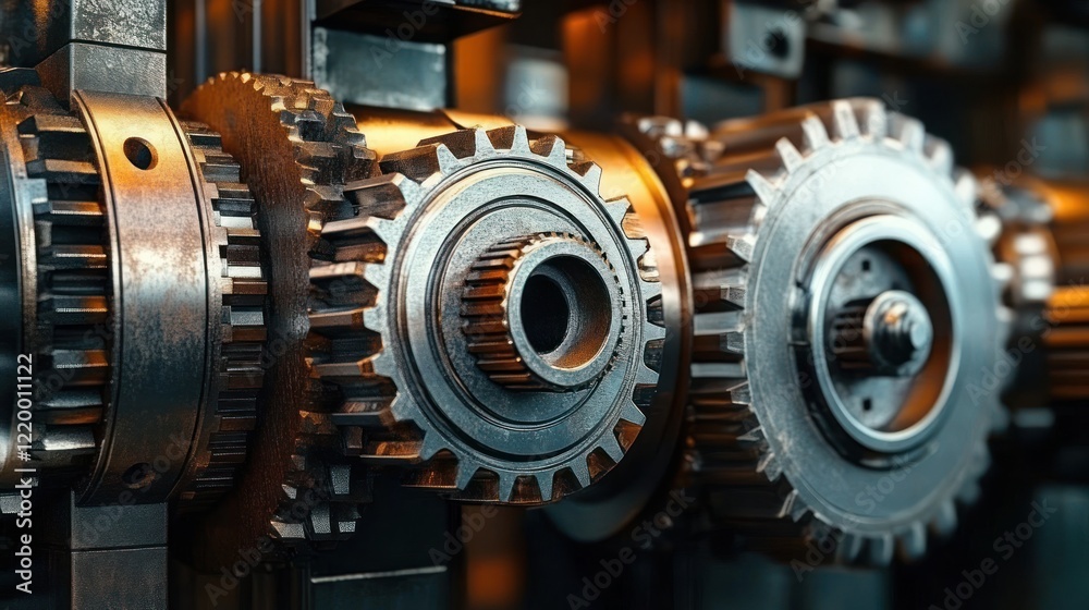 Obraz premium Close-up of industrial machinery gears and components in operation with dramatic lighting and detailed textures