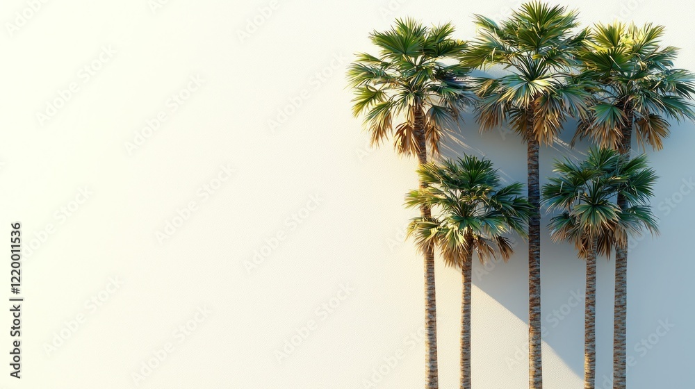Fototapeta premium Palm trees against a white wall, tropical backdrop