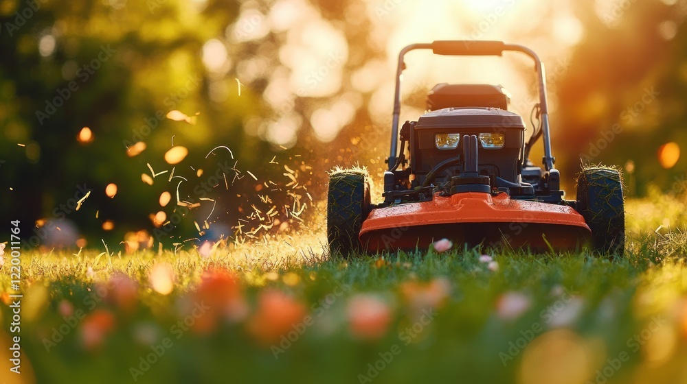 Man Cutting Grass with Lawn Mower in Backyard on Sunny Summer Day for Garden Maintenance and Horticulture Work Man Cutting Grass with Lawn Mower in Backyard on Sunny Summer Day for Garden Maintenance and Horticulture Work
