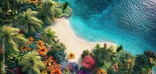 A breathtaking top-down view of a secluded tropical island, featuring lush palm trees, colorful flowers, and a sandy beach encircled by vibrant blue ocean, creating a stunning contrast of colors. photo