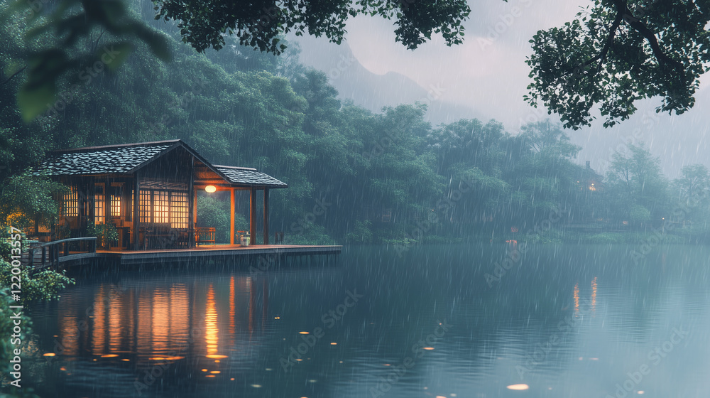 Fototapeta premium Tranquil Lake House Under Misty Rain