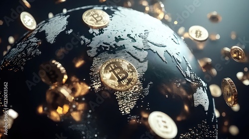 A globe surrounded by floating Bitcoin coins, symbolizing the global influence and reach of cryptocurrency.