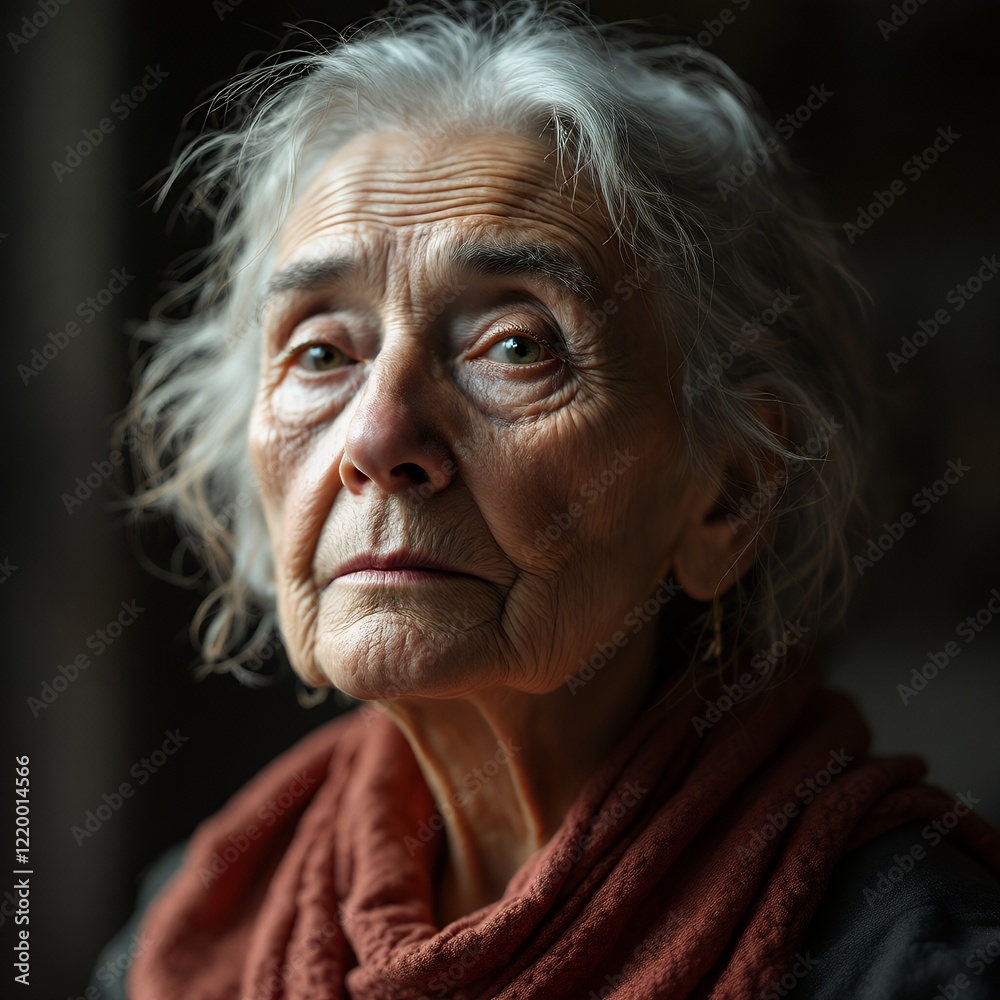 Portrait of an elderly woman with silver hair and a terracotta scarf. A close up shot emphasizes the texture of her skin and the depth of her gaze. Portrait of an elderly woman with silver hair and a terracotta scarf. A close up shot emphasizes the texture of her skin and the depth of her gaze.