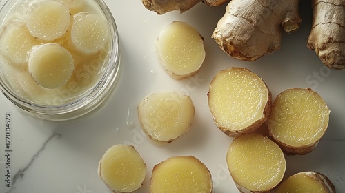 Preserved ginger slices in glass jar, on marble surface, with whole ginger root photo