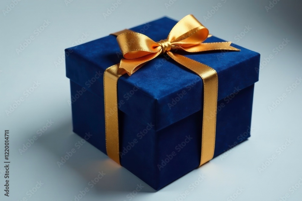 Obraz premium Dark blue velvet box with a golden ribbon tied at the top, bow, metallic, art piece