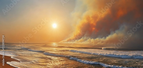 A breathtaking view of the sun rising over the ocean, with golden light streaming through thick smoke haze from a bushfire, casting a warm glow on the waves and painting the sky with vibrant colors.