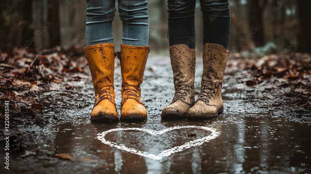 Two people standing in the rain with their feet on the ground surrounded by wet pavement and gray skies Two people standing in the rain with their feet on the ground surrounded by wet pavement and gray skies