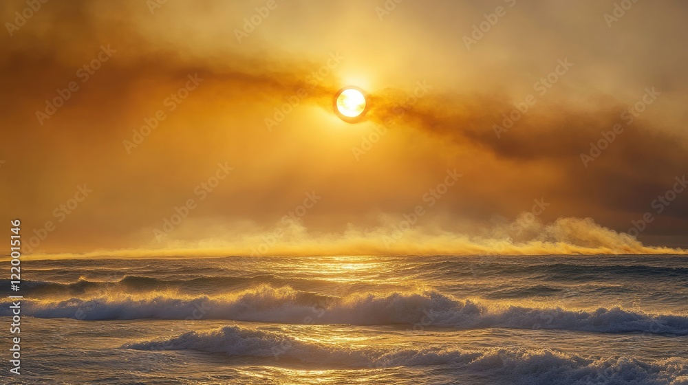 Fototapeta premium A breathtaking view of the sun emerging from the horizon over the ocean, enveloped in golden light filtered through smoke haze from a bushfire, illuminating the waves and creating a mystical ambiance.