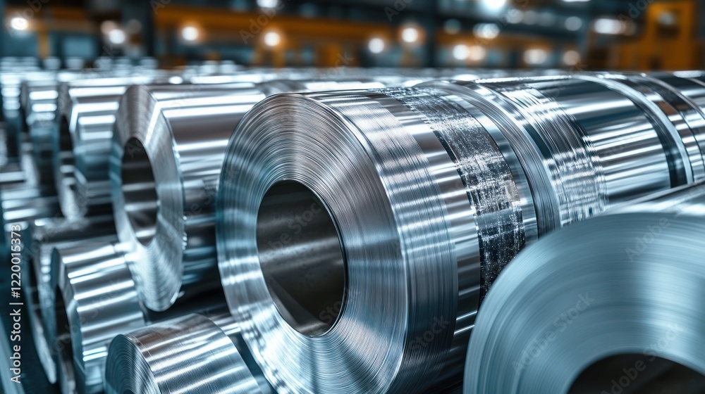 Metallic Rolls in Factory with Reflective Surfaces Under Soft Lighting Showcasing Textures and Curves of Aluminum Metallic Rolls in Factory with Reflective Surfaces Under Soft Lighting Showcasing Textures and Curves of Aluminum