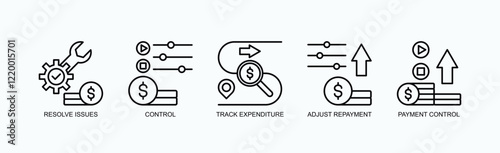 Fintrack Icon Set Isolated Vector With Icon Of Resolve Issues, Control, Track Expenditure, Adjust Repayment, Payment Control In Outline Style