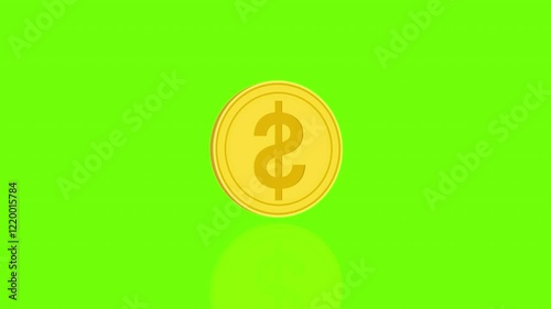 3D gold coin, with dollar sign dropping and spinning animation isolated on green screen chroma key background. 4K video Business and currency Concept.