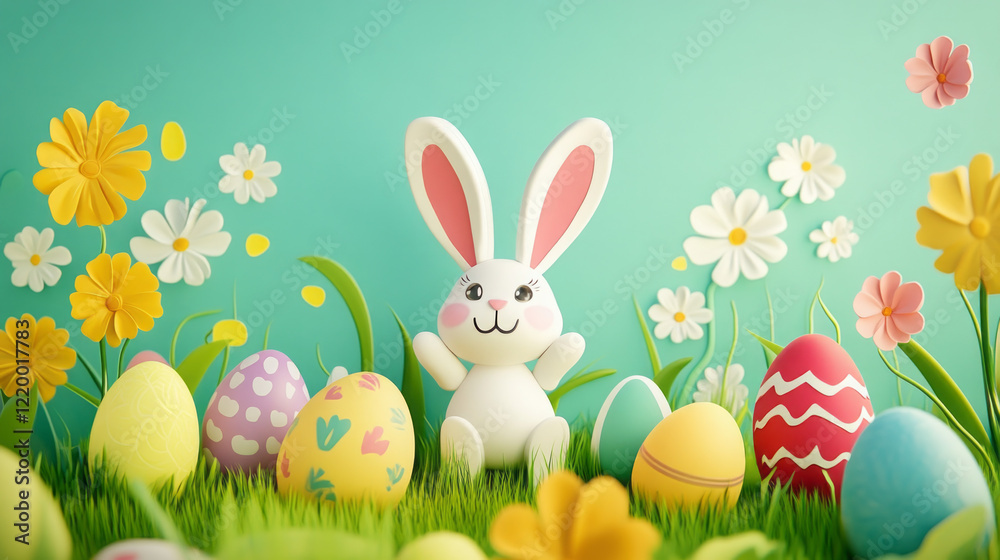 Obraz premium adorable 3d easter bunny and pastel eggs in cartoon spring scene: vibrant easter graphic illustration capturing holiday spirit with cute design and whimsical digital art