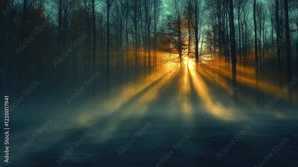 Obraz premium Enchanted Forest: Mystical Fog and Dramatic Shadows in Serene Concept Art