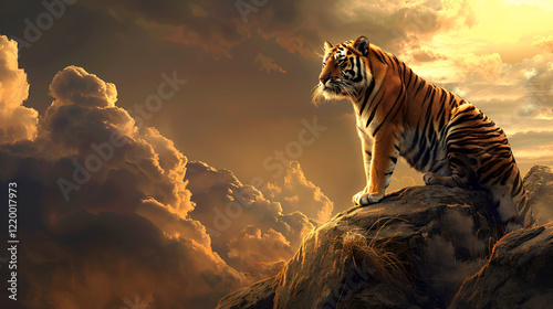 Powerful Tiger on Rock Against Stormy Sky
 photo