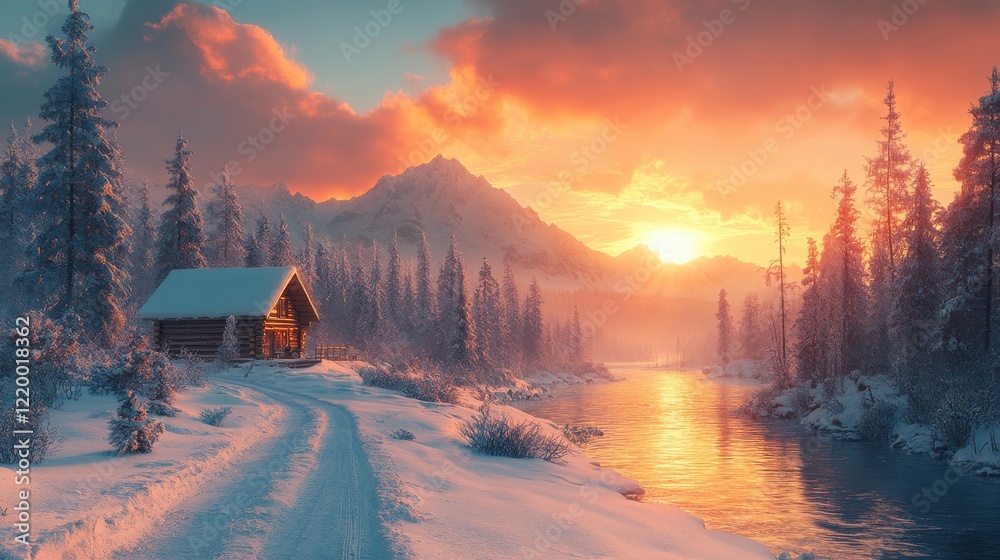 Fototapeta premium Tranquil Winter Hideaway: Cozy Cabin in Snowy Forest
