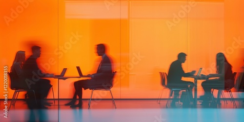 Silhouettes of Productivity: A minimalist yet evocative image featuring silhouettes of people working on their laptops, set against a vibrant orange backdrop.