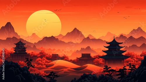 Vibrant Cartoon Desert Sunset: Serene Sand Dunes in Bold Colors