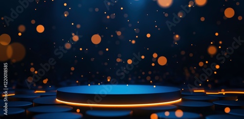 Illuminated Podium: A sleek, circular podium bathed in a dramatic blue light, accented with warm orange glowing edges. Shimmering golden particles rain down.