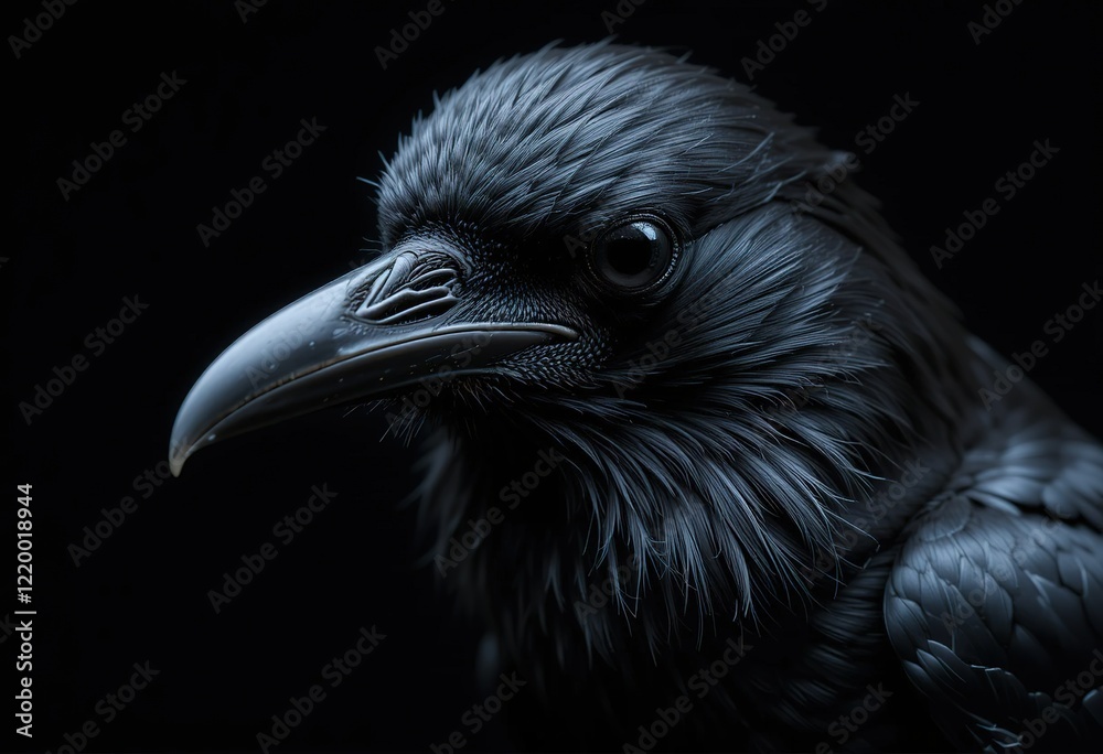 A detailed close-up photograph showcases a raven's head and beak against a stark black background. A detailed close-up photograph showcases a raven's head and beak against a stark black background.